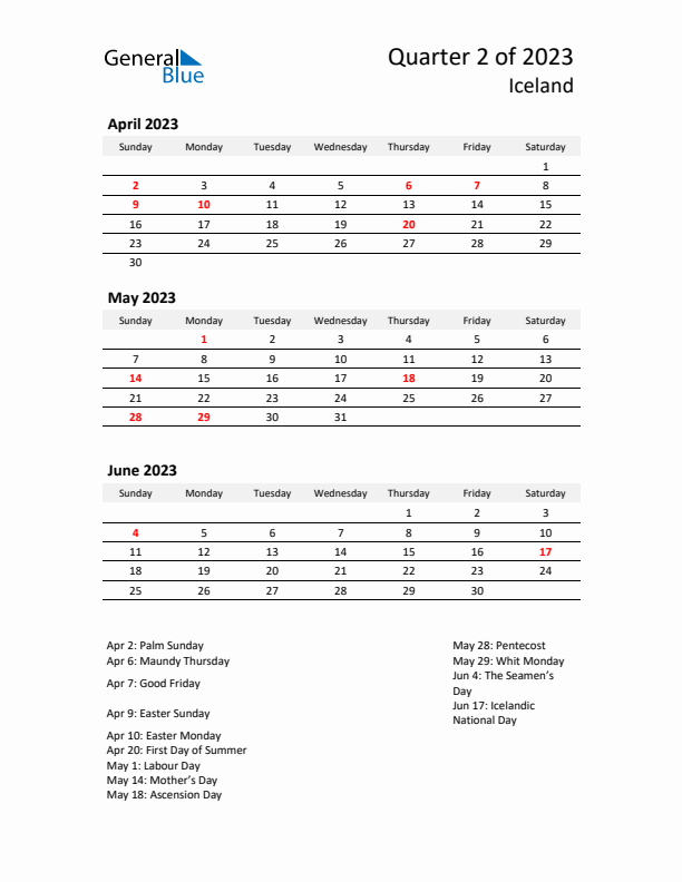 2023 Q2 Three-Month Calendar for Iceland