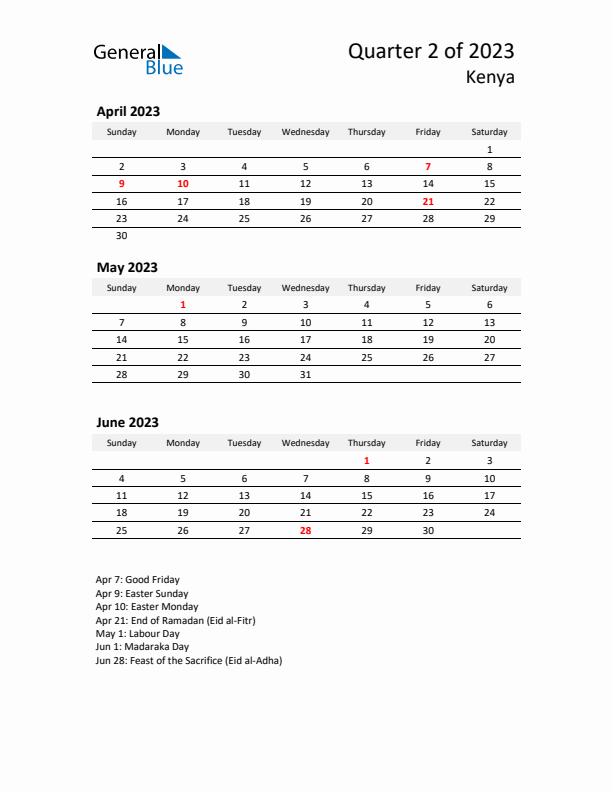 2023 Q2 Three-Month Calendar for Kenya