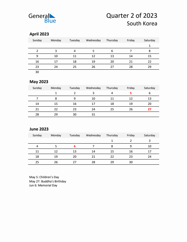 2023 Q2 Three-Month Calendar for South Korea