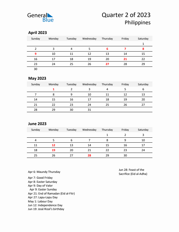 2023 Q2 Three-Month Calendar for Philippines