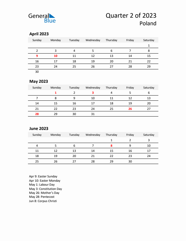 2023 Q2 Three-Month Calendar for Poland