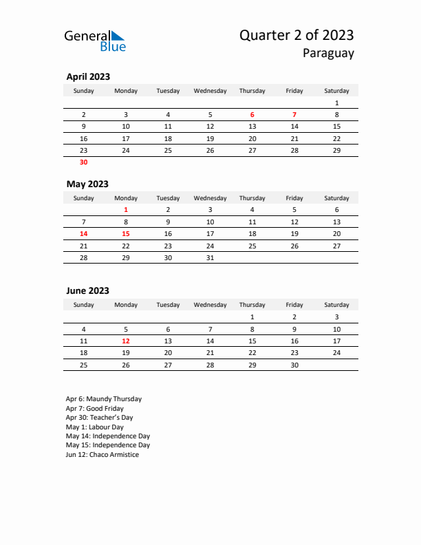 2023 Q2 Three-Month Calendar for Paraguay