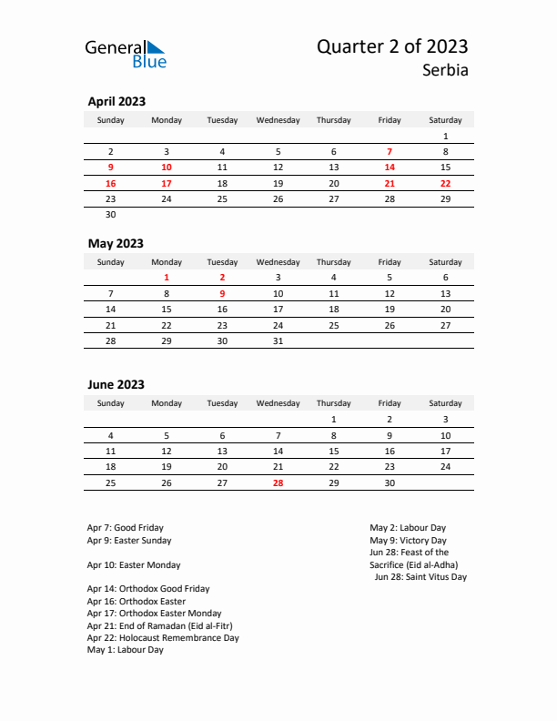 2023 Q2 Three-Month Calendar for Serbia