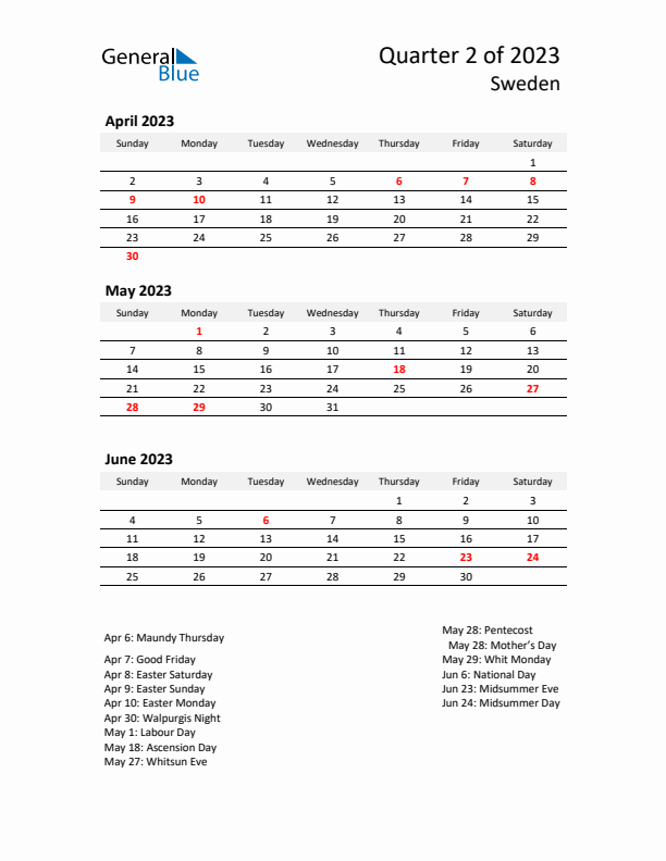 2023 Q2 Three-Month Calendar for Sweden