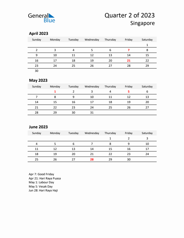 2023 Q2 Three-Month Calendar for Singapore