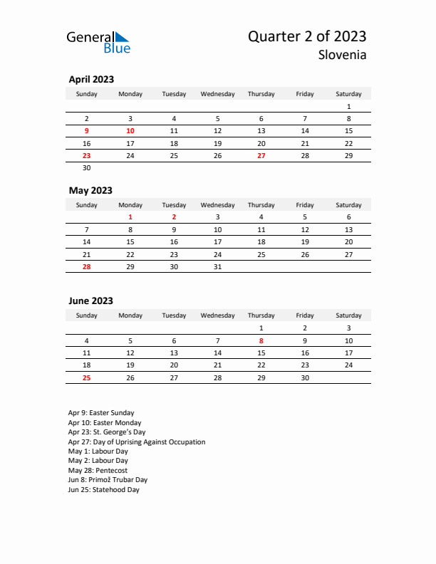 2023 Q2 Three-Month Calendar for Slovenia