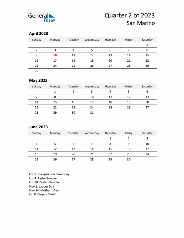 2023 Q2 Three-Month Calendar for San Marino