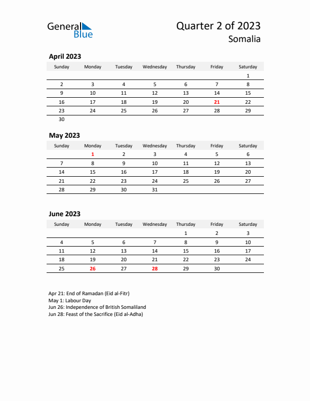 2023 Q2 Three-Month Calendar for Somalia