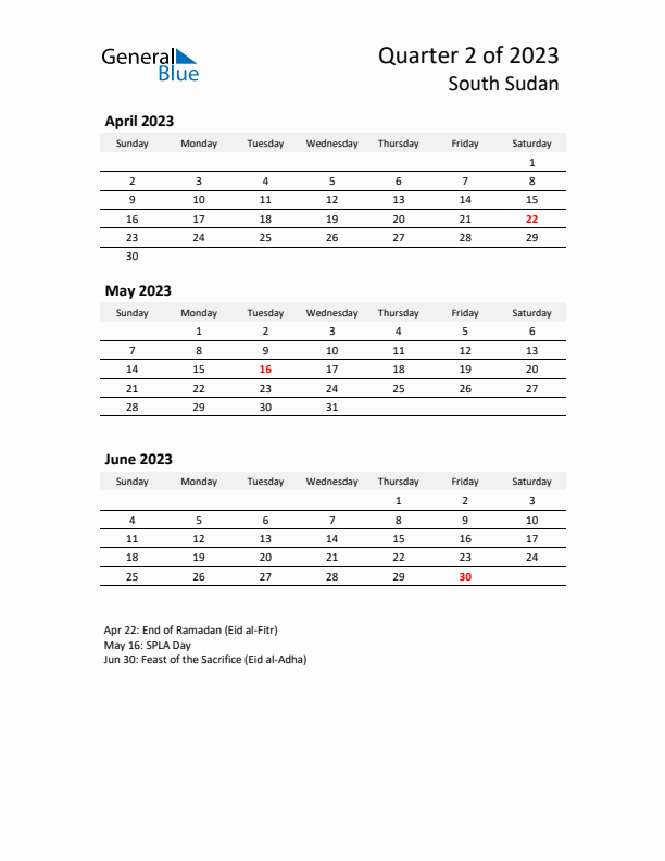 2023 Q2 Three-Month Calendar for South Sudan