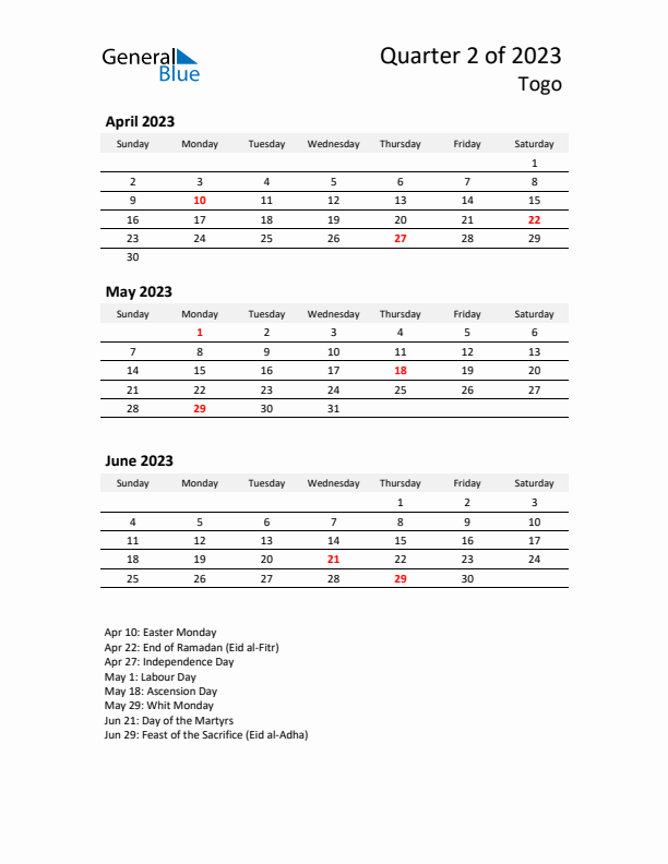 2023 Q2 Three-Month Calendar for Togo