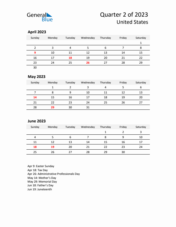 2023 Q2 Three-Month Calendar for United States