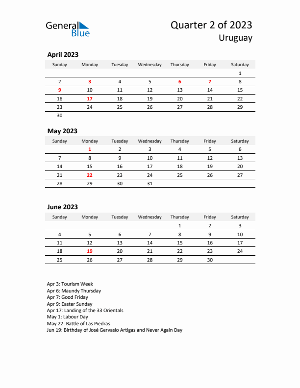 2023 Q2 Three-Month Calendar for Uruguay