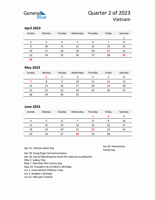 2023 Q2 Three-Month Calendar for Vietnam