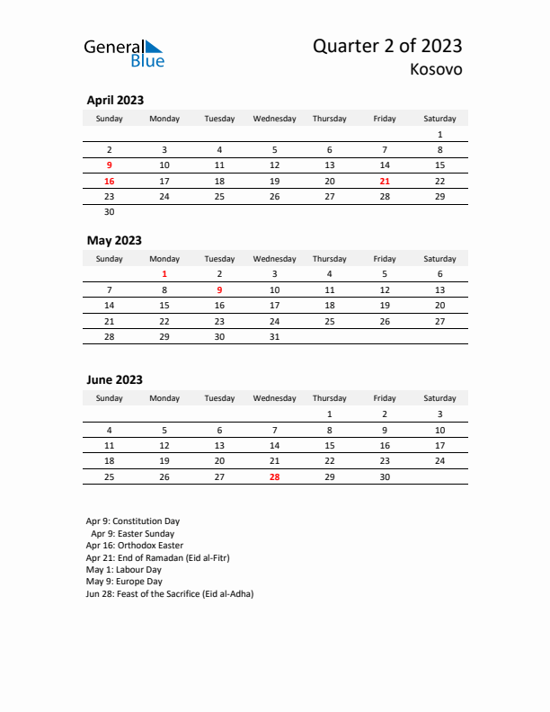 2023 Q2 Three-Month Calendar for Kosovo