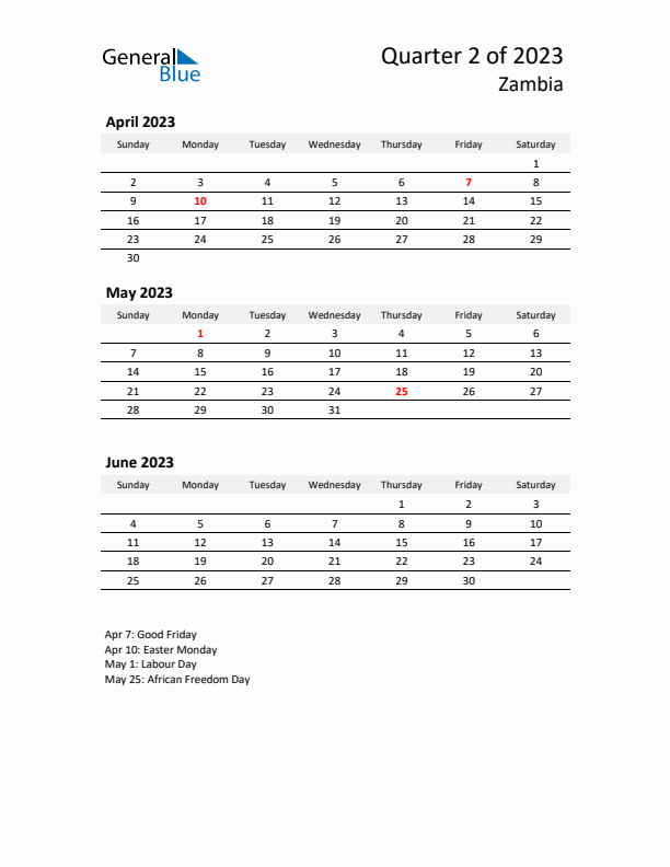 2023 Q2 Three-Month Calendar for Zambia