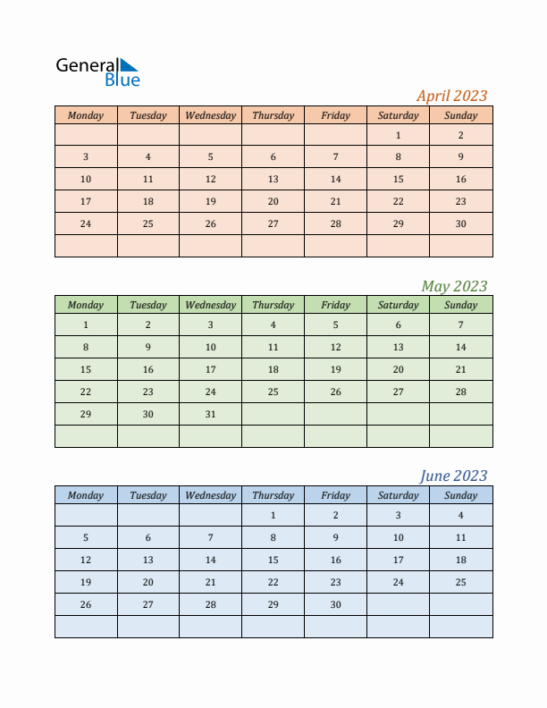 Three-Month Calendar for Year 2023 (April, May, and June)