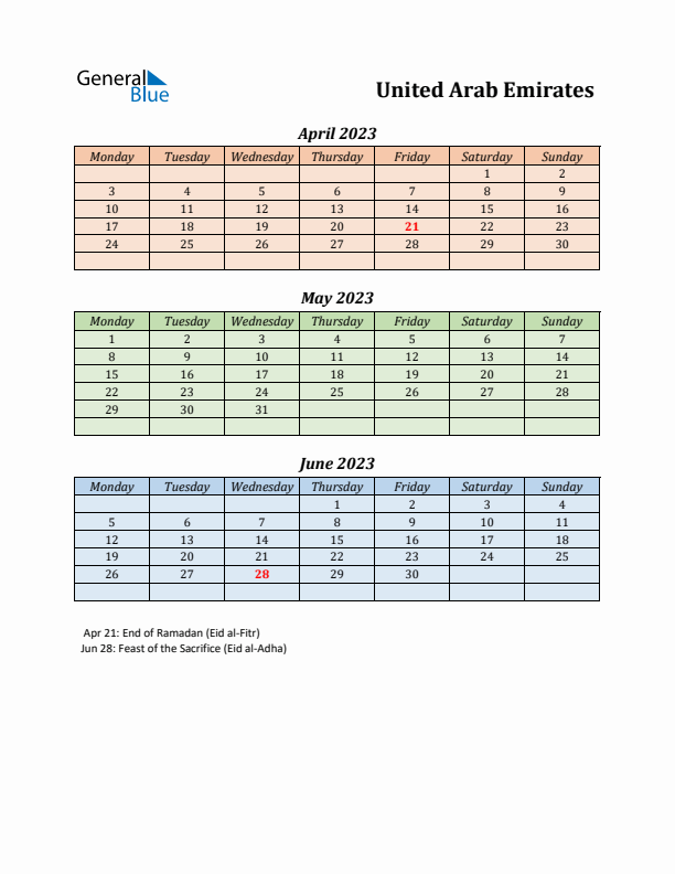 Q2 2023 Holiday Calendar - United Arab Emirates