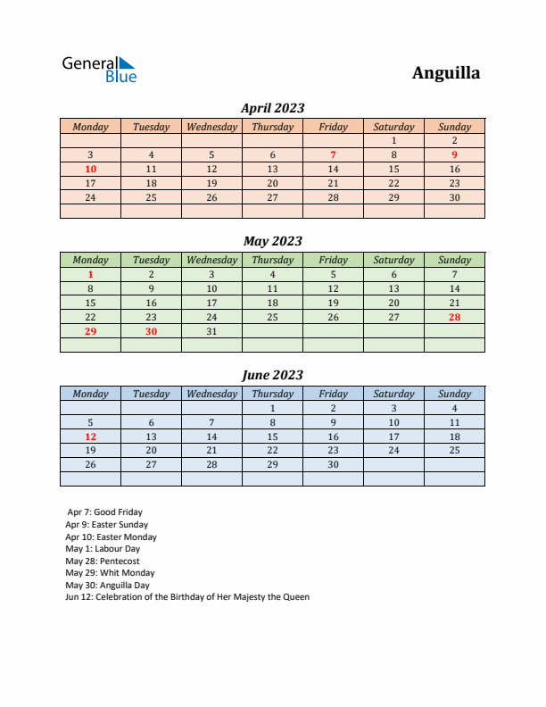 Q2 2023 Holiday Calendar - Anguilla