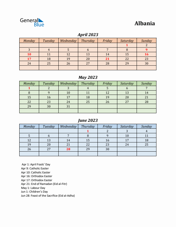 Q2 2023 Holiday Calendar - Albania