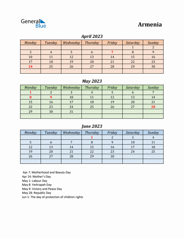 Q2 2023 Holiday Calendar - Armenia