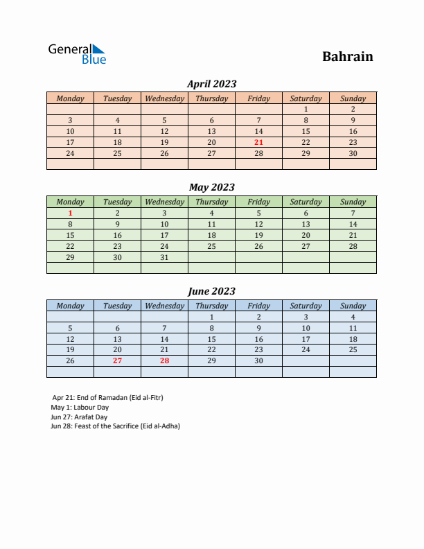 Q2 2023 Holiday Calendar - Bahrain