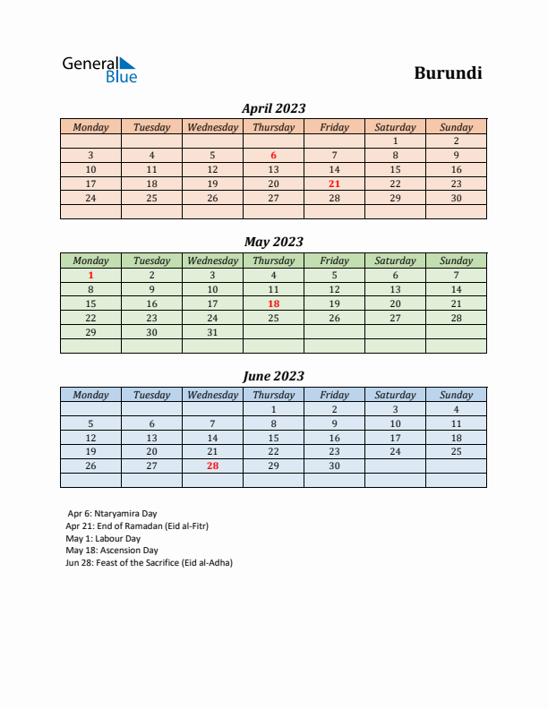 Q2 2023 Holiday Calendar - Burundi