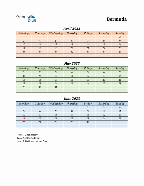 Q2 2023 Holiday Calendar - Bermuda