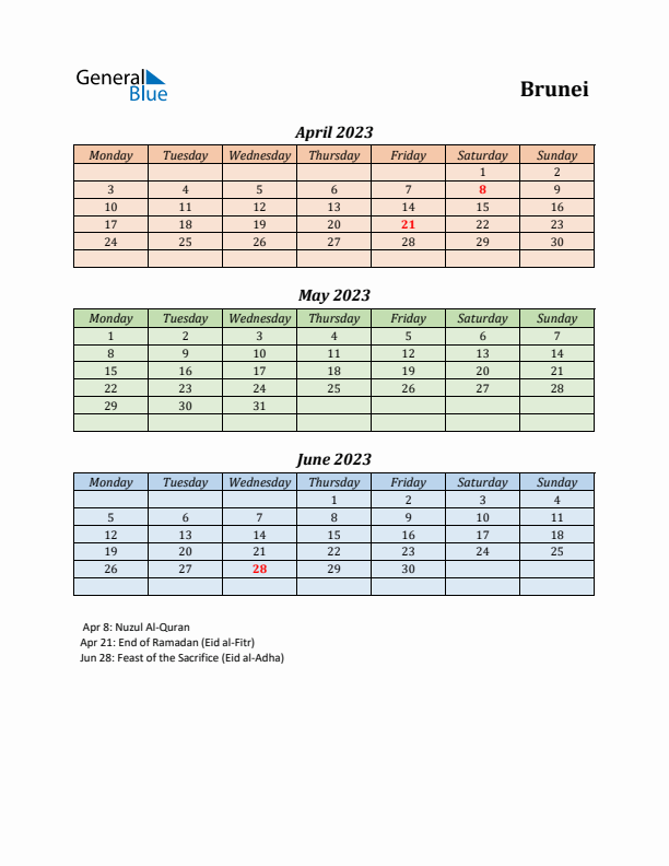 Q2 2023 Holiday Calendar - Brunei