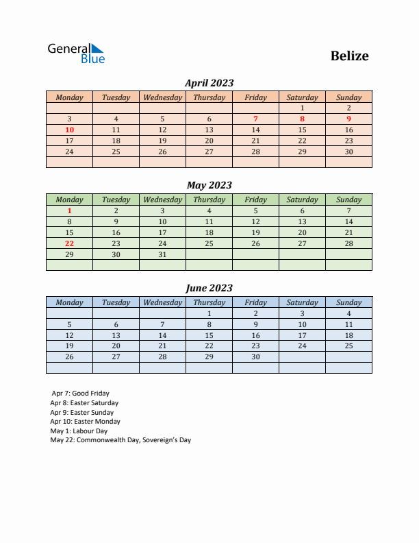 Q2 2023 Holiday Calendar - Belize