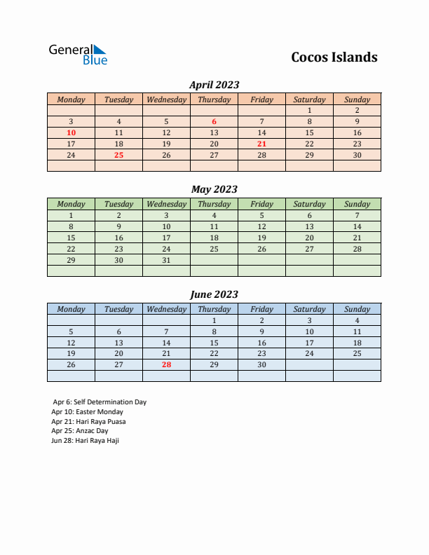 Q2 2023 Holiday Calendar - Cocos Islands