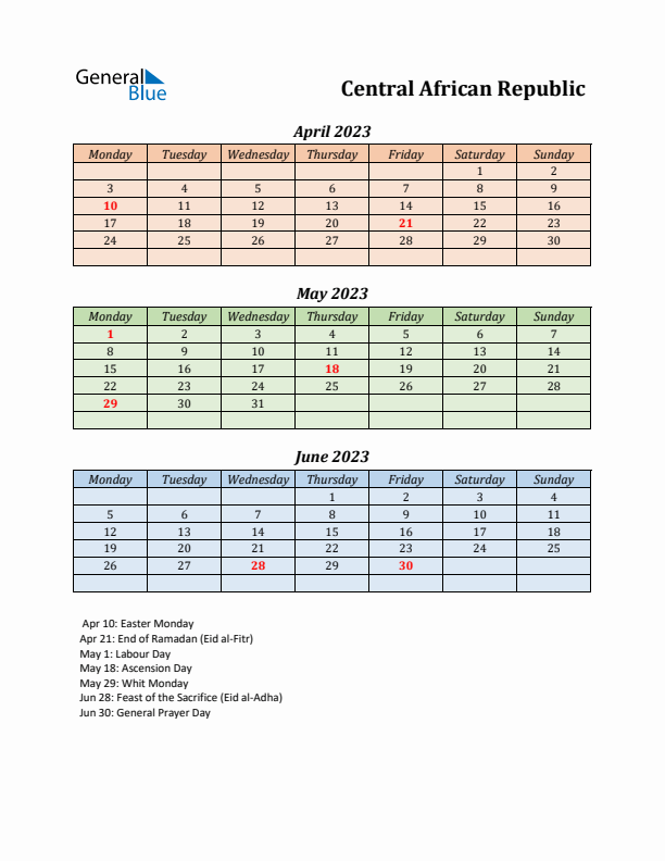 Q2 2023 Holiday Calendar - Central African Republic