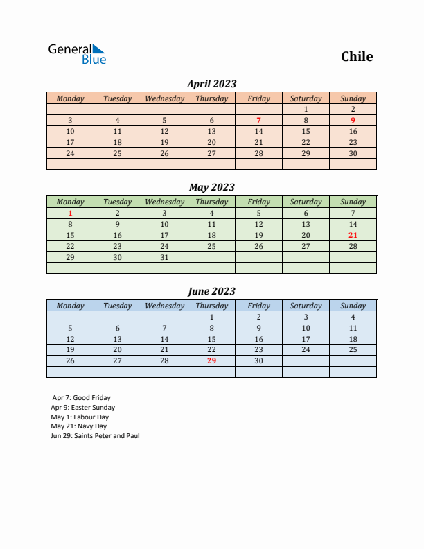 Q2 2023 Holiday Calendar - Chile