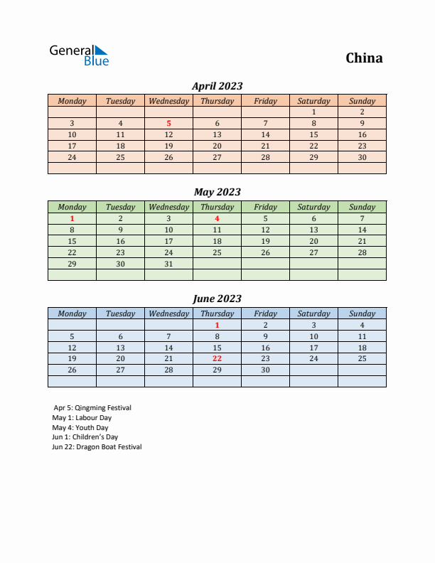 Q2 2023 Holiday Calendar - China