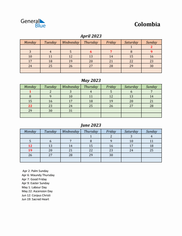 Q2 2023 Holiday Calendar - Colombia