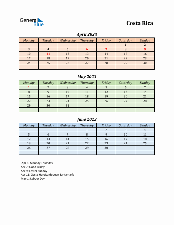 Q2 2023 Holiday Calendar - Costa Rica