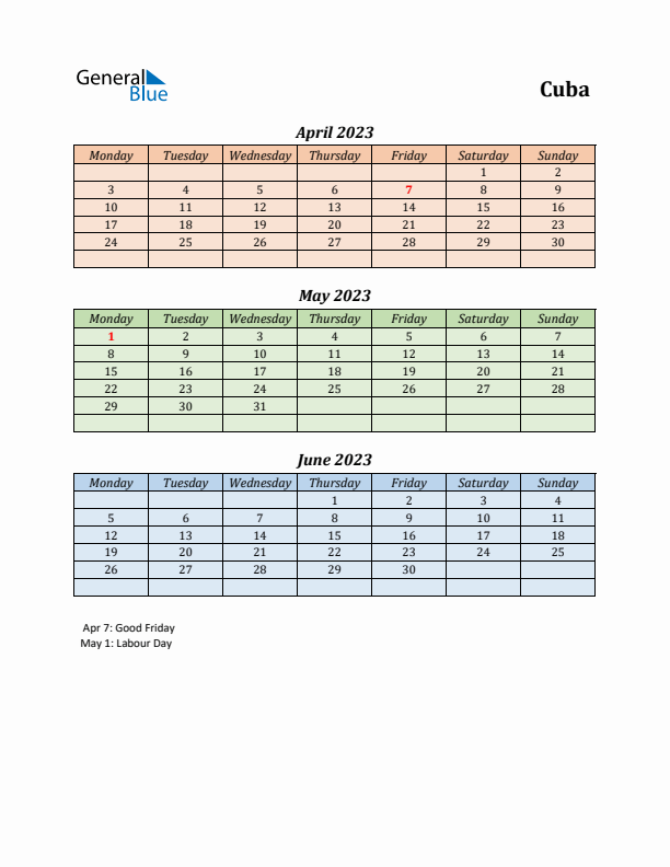 Q2 2023 Holiday Calendar - Cuba