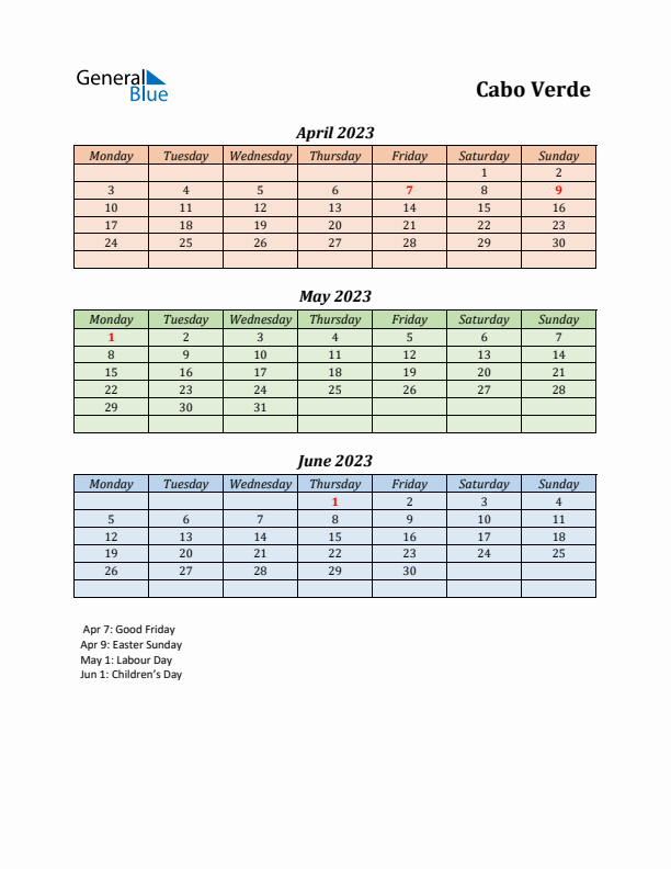 Q2 2023 Holiday Calendar - Cabo Verde