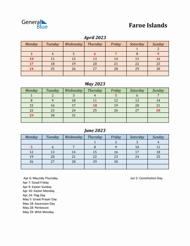 Q2 2023 Holiday Calendar - Faroe Islands