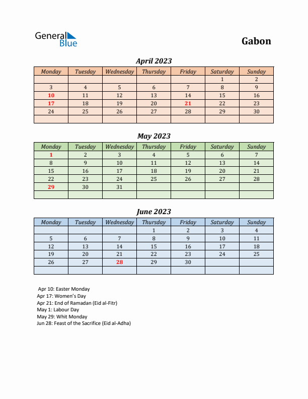 Q2 2023 Holiday Calendar - Gabon