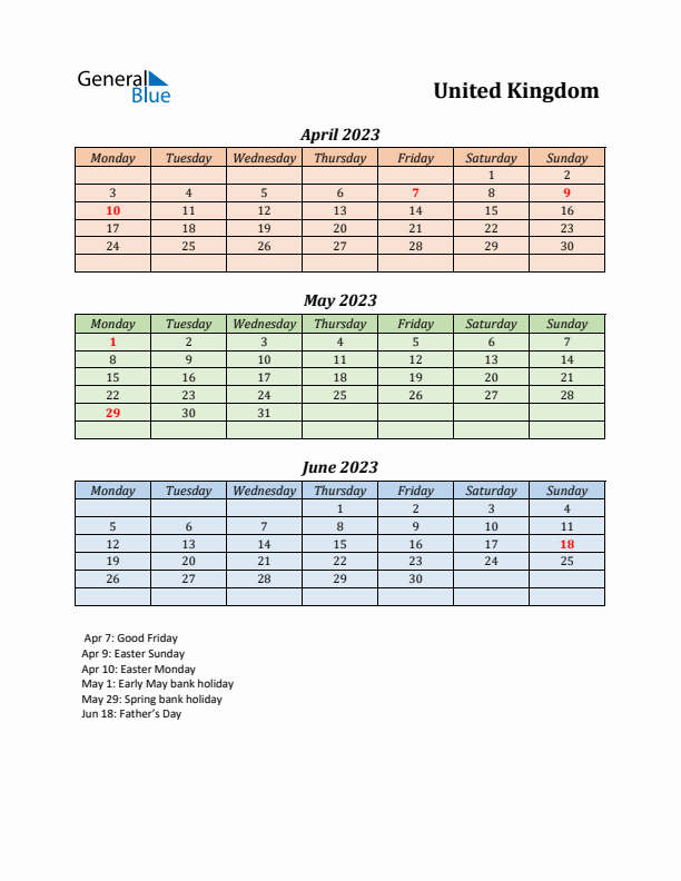 Q2 2023 Holiday Calendar - United Kingdom