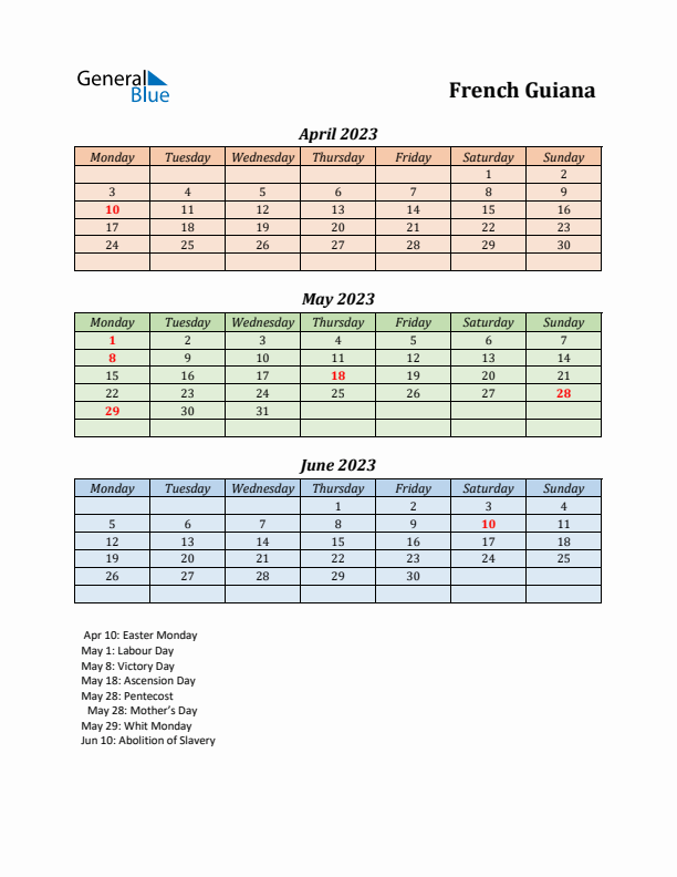 Q2 2023 Holiday Calendar - French Guiana