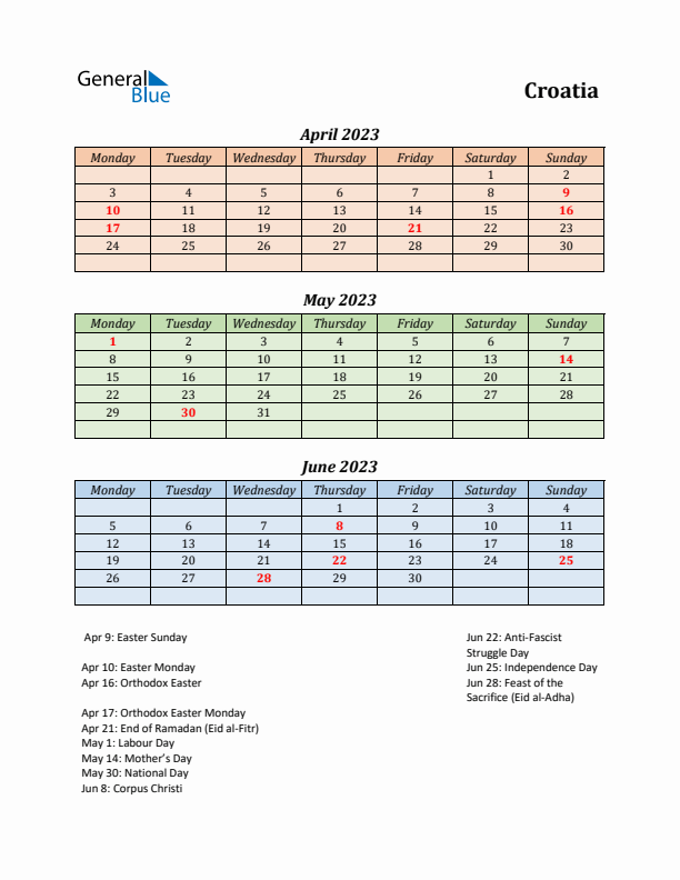 Q2 2023 Holiday Calendar - Croatia