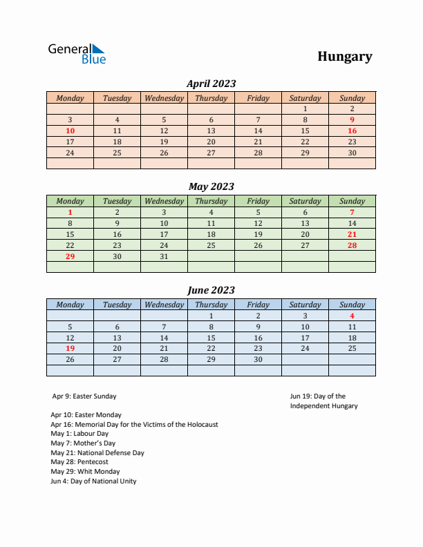 Q2 2023 Holiday Calendar - Hungary