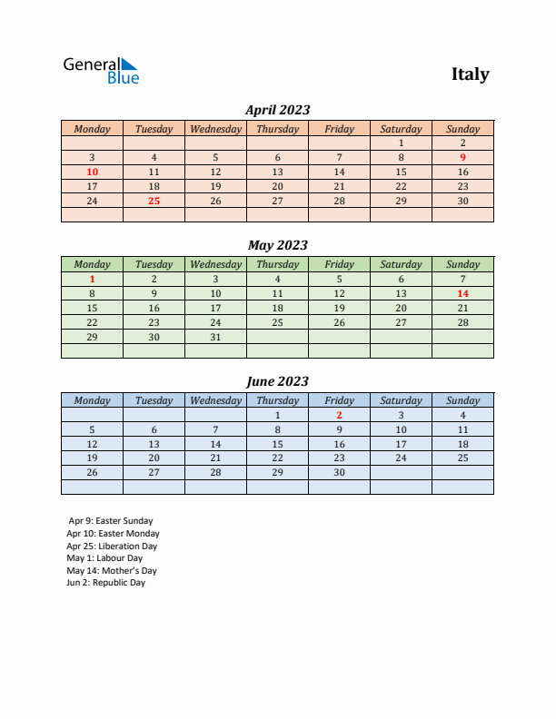 Q2 2023 Holiday Calendar - Italy