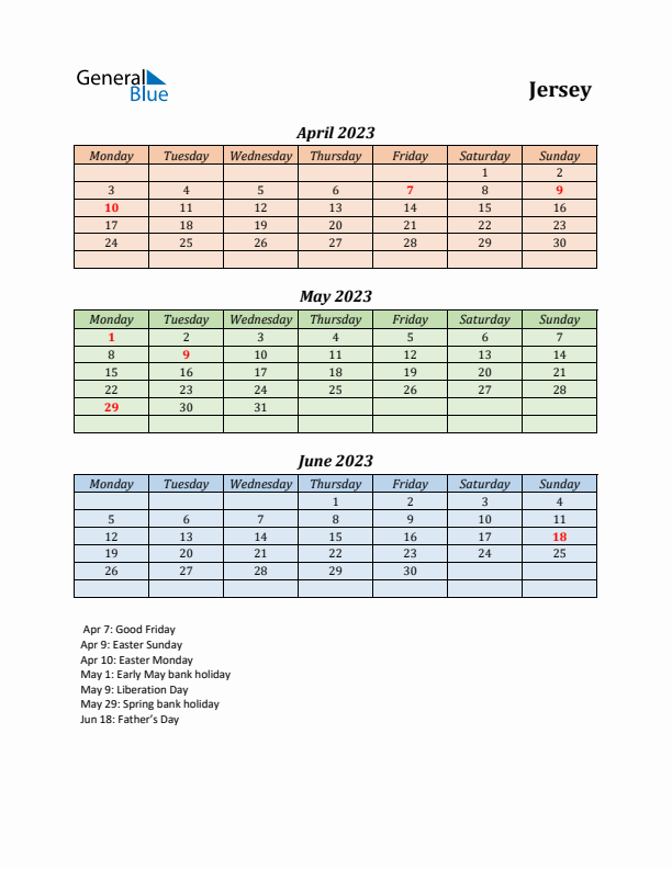 Q2 2023 Holiday Calendar - Jersey