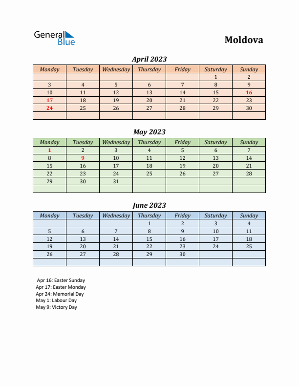 Q2 2023 Holiday Calendar - Moldova