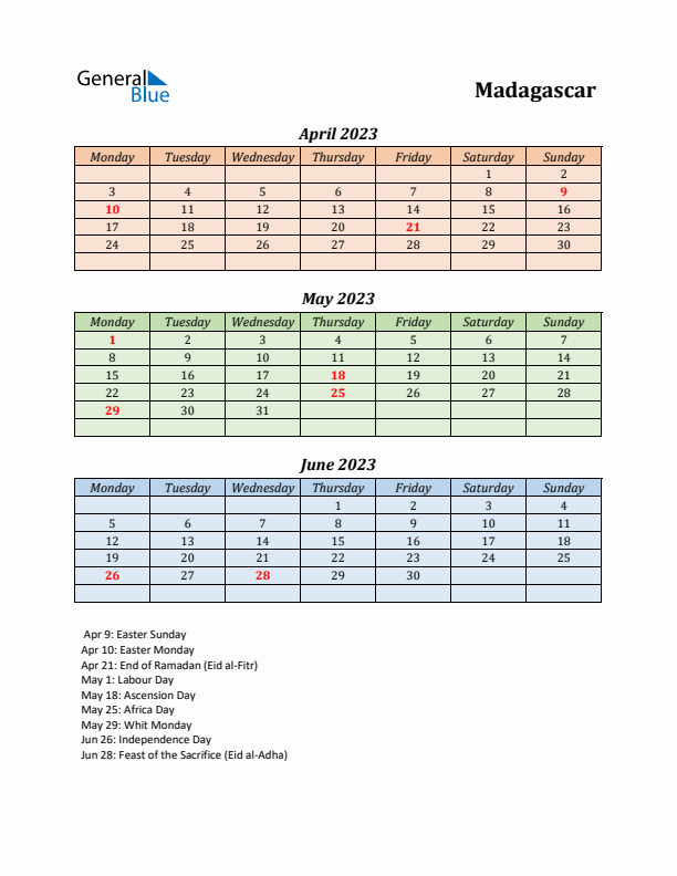 Q2 2023 Holiday Calendar - Madagascar