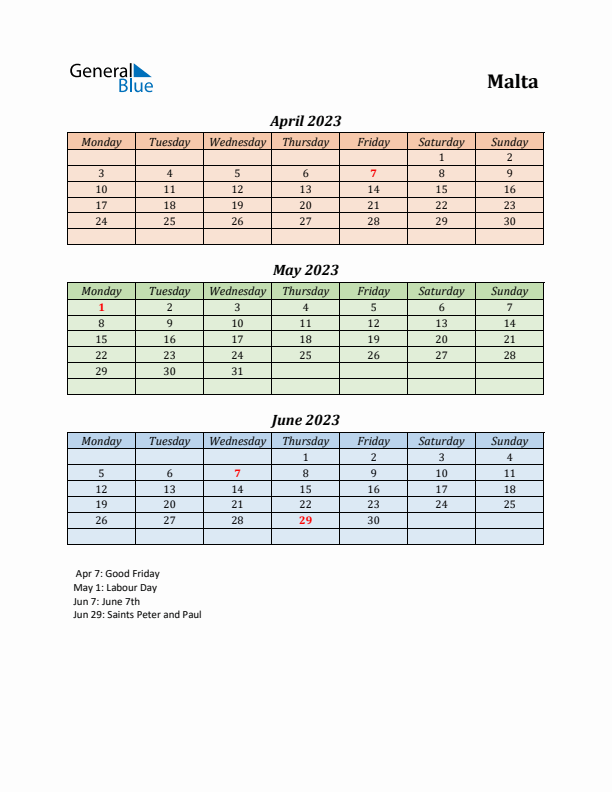 Q2 2023 Holiday Calendar - Malta