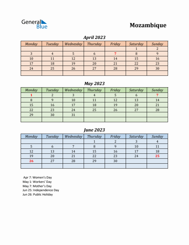 Q2 2023 Holiday Calendar - Mozambique