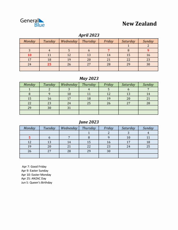 Q2 2023 Holiday Calendar - New Zealand